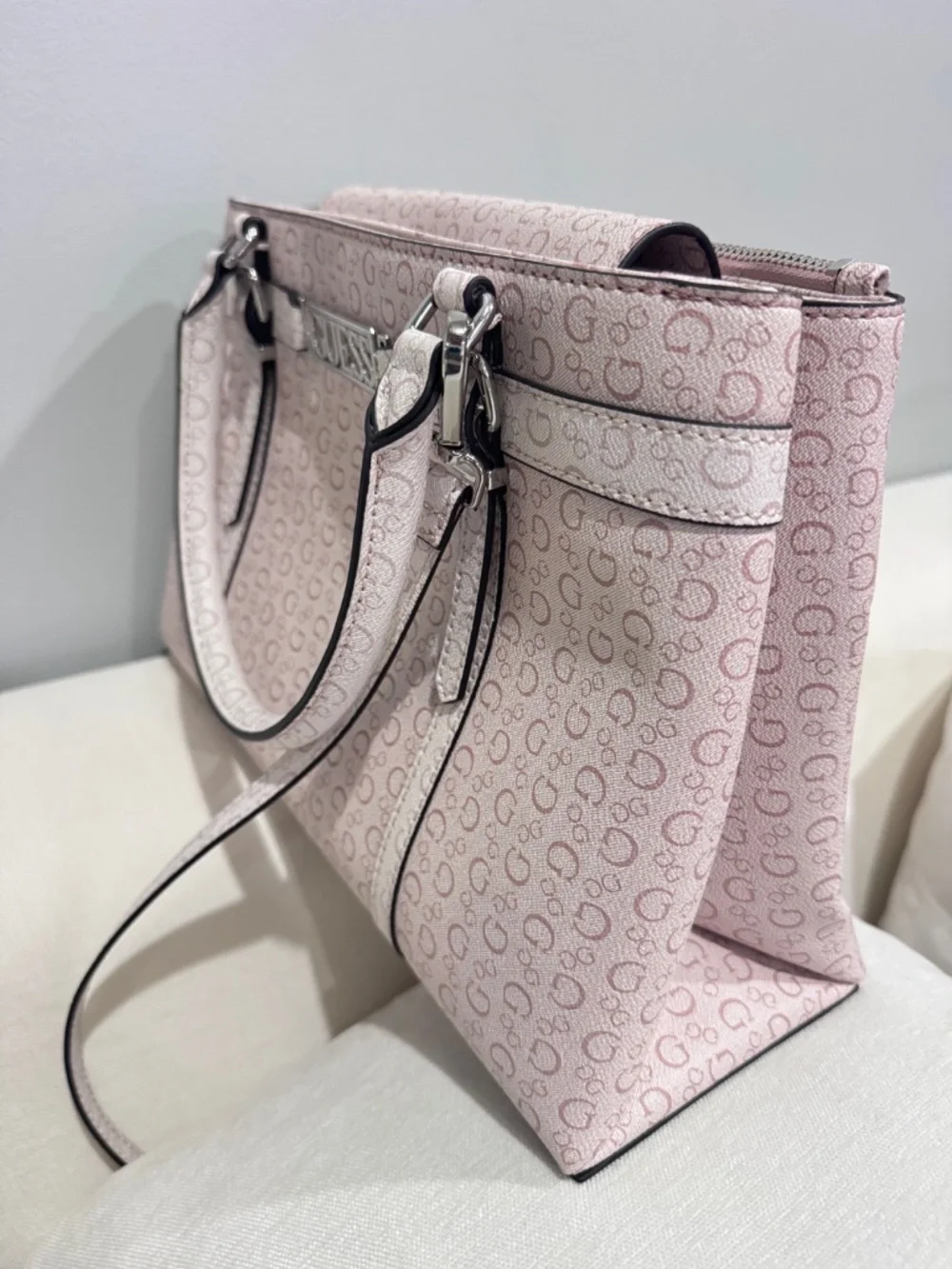 GUESS Women’s Pink Monogram Satchel Tote Handbag Crossbody Strap NWOT